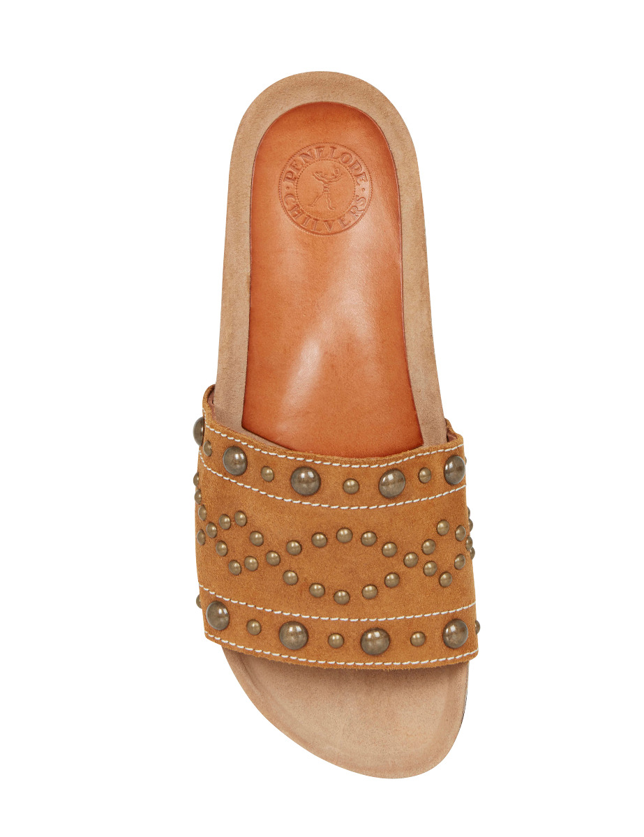 tan studded slides